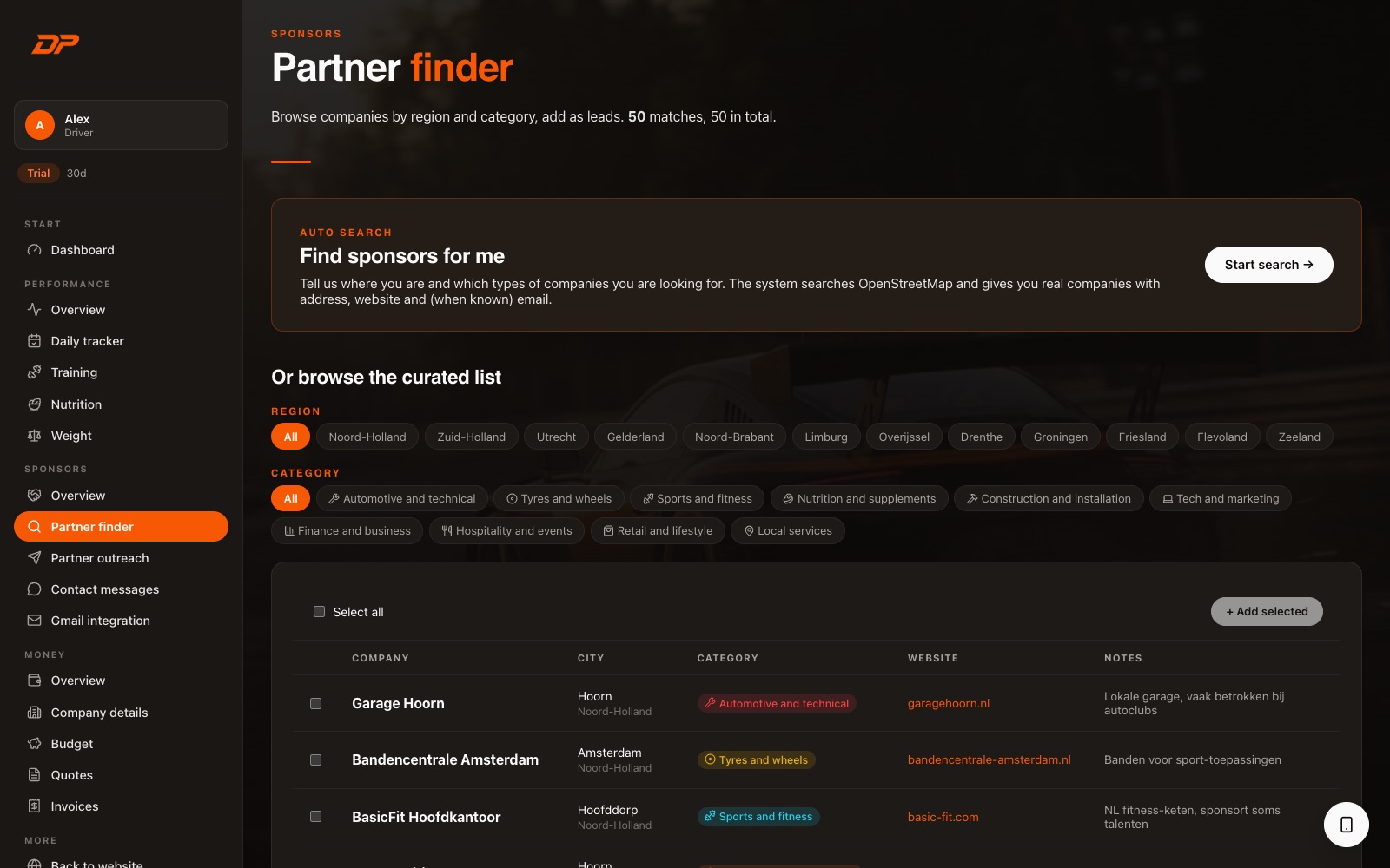 Partner finder in the app